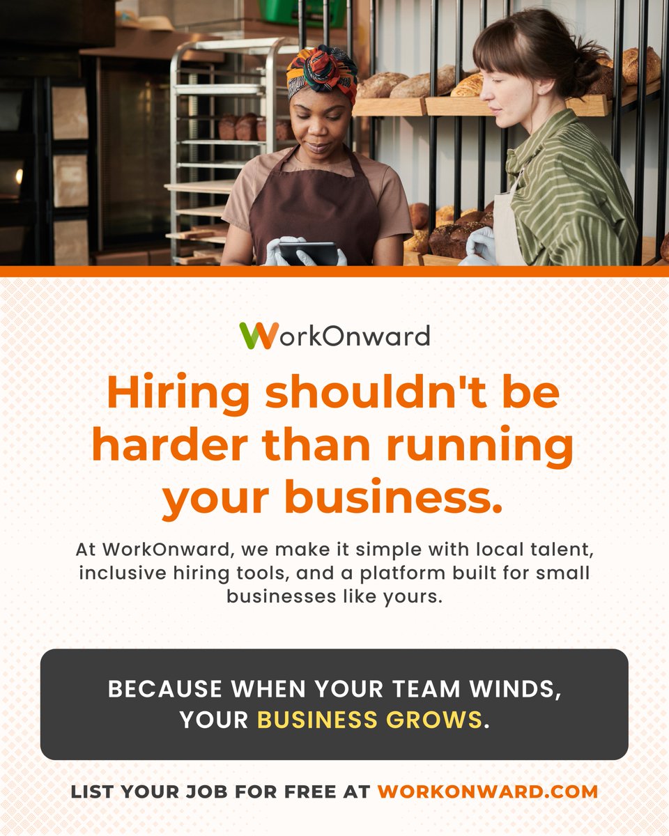 Hiring shouldn’t slow you down — it should help you grow.  

WorkOnward helps small businesses hire faster with inclusive tools and local talent.  

List your job for FREE at WorkOnward workonward.com/auth/signup?p-… 

#SmallBusinessHiring #WorkOnward #HiringMadeSimple #LocalTalent