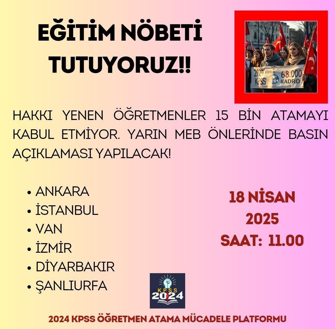 Türkiye Cumhuriyetinin büyüklüğüne 85 milyon nüfusuna ve eğitim vizyonuna yakışmayan 15 bin atama sayısı 💯 bin ücretli öğretmen varken tam bir hayal kırıklığı yaratmıştır 

Bu sayıları kabul etmiyoruz. Bu yüzden;
#ÖğretmenimEmeğineSahipÇık