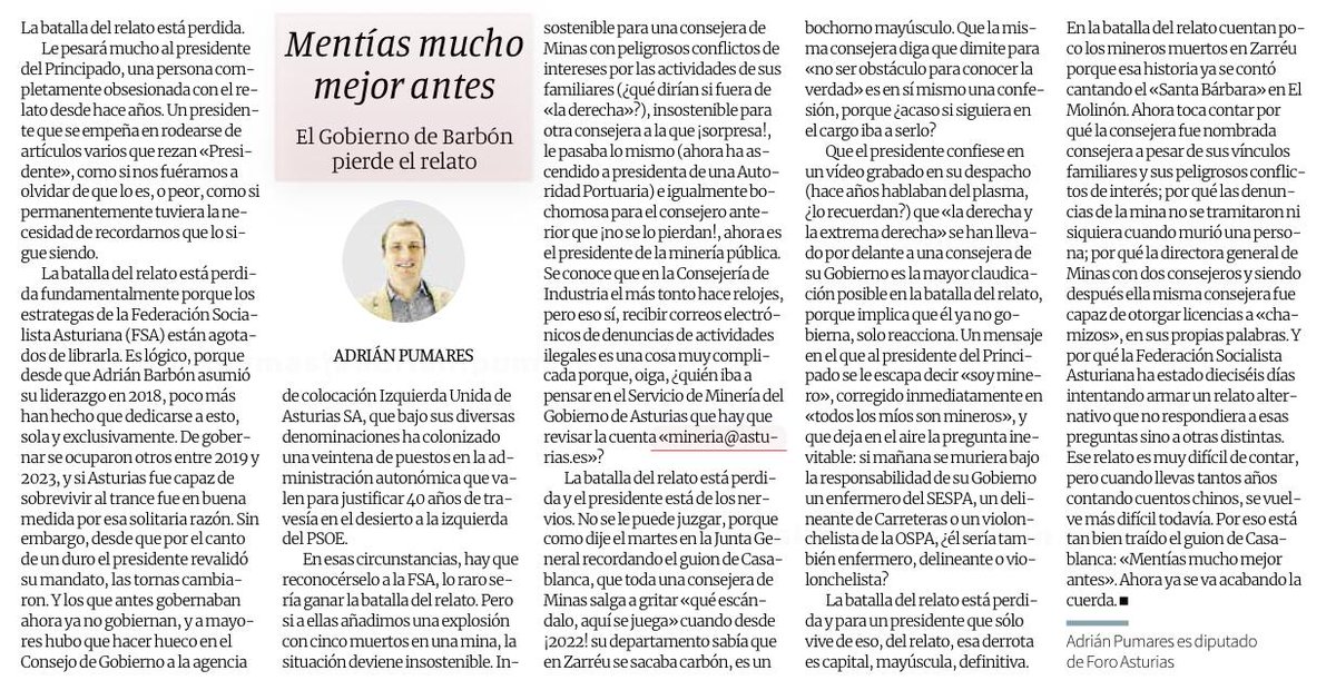 📰Nuestro secretario general y portavoz parlamentario de <a href="/FOROAsturias/">FORO Asturias</a> en la <a href="/JuntaAsturias/">Junta General del Principado de Asturias</a>, <a href="/AdrianPumares/">Adrián Pumares</a>, publica hoy la tribuna 'Mentías mucho mejor antes', en el periódico <a href="/lanuevaespana/">La Nueva España</a>.

📎lne.es/opinion/2025/0…