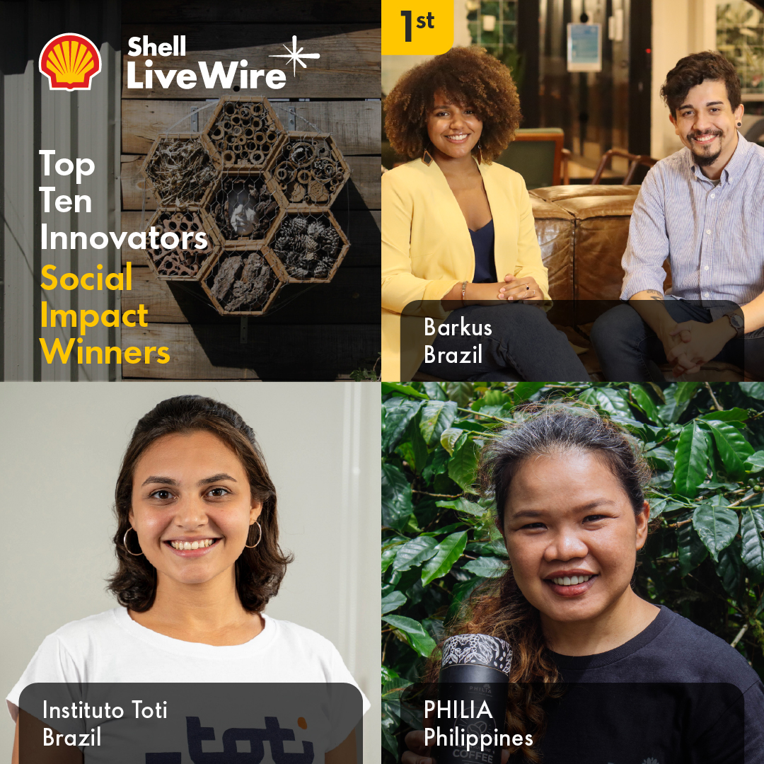 Meet the 2025 Shell LiveWire Top Ten Innovators in Social Impact: Barkus from Brazil (Bia Santos &amp; Marden Rodrigues), Instituto Toti from Brazil (Bruna Silva), and Philia from The Philippines (Roma Padua). 

Learn more about the winners here: go.shell.com/42z7EGZ