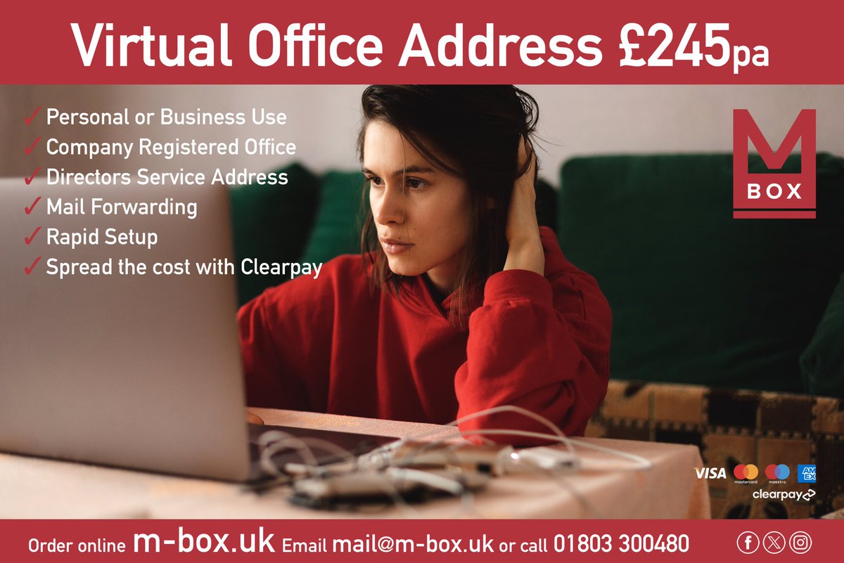 Running a business from home? 👨🏻‍💻

Get your own Virtual Office Address for only £245pa 📬

✅ Company Registered Office
✅ Directors Service Address
✅ Alternative to a P O Box
✅ Rapid Setup
✅ Spread the cost with Clearpay

🛒 Order online now ⬇️

square.link/u/Rf6XFtLp