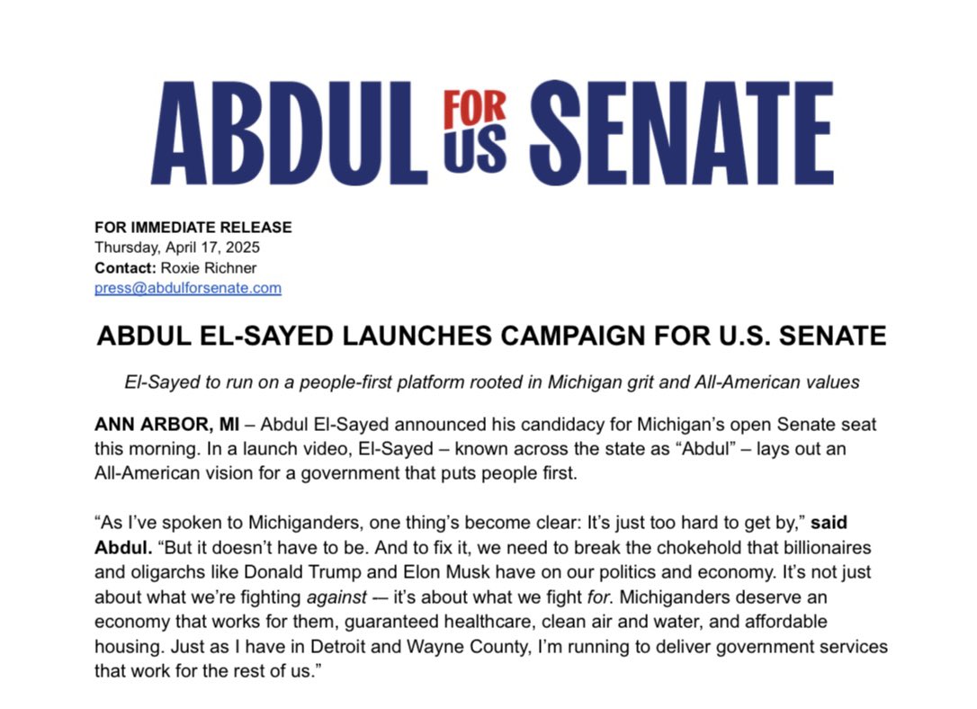roxierichner's tweet image. NEWS: @AbdulElSayed is running for U.S. Senate.

Because it shouldn’t be this hard to afford groceries, see a doctor, or make rent every month. 

It’s time for a politics that puts people first. Let’s make it happen. #MISen