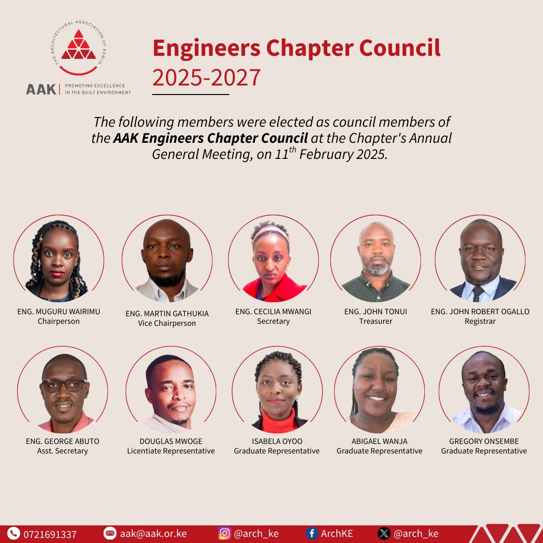 The following members were elected as council members of the AAK Engineers Chapter Council at the Chapter's Annual General Meeting, on 11th February 2025.

Chairperson - Eng. Muguru Wairimu
Vicechair - Eng. Martin Gathukia
Secretary - Eng. Cecilia Mwangi
Treasurer - Eng. John