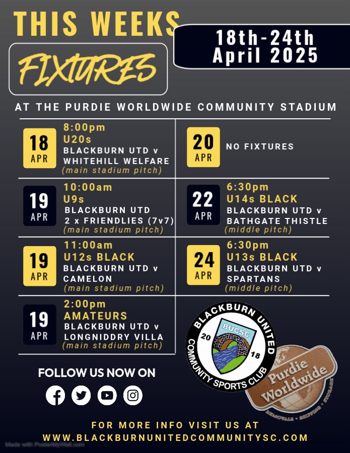 Blackburn United Community S.C. (@blackburnutdcsc) on Twitter photo With Easter upon us we have a smaller offering at the <a href="/PurdieWorldwide/">Purdie Worldwide</a> Community Stadium this weekend and over the coming week - but there’s still enough to scratch your footballing itch should you wish, particularly with our U20s and U14s in Cup action and our Amateurs chasing a With Easter upon us we have a smaller offering at the <a href="/PurdieWorldwide/">Purdie Worldwide</a> Community Stadium this weekend and over the coming week - but there’s still enough to scratch your footballing itch should you wish, particularly with our U20s and U14s in Cup action and our Amateurs chasing a