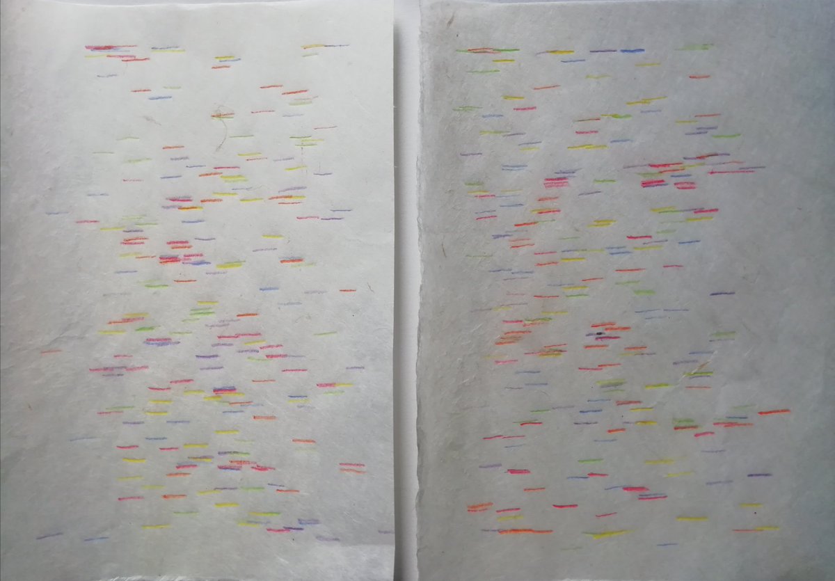 A sequential drawing, using primary and secondary coloured pencils on Japanese paper, underlining all the occurrences of the words color and colors found in Interaction of Color by Josef Albers.