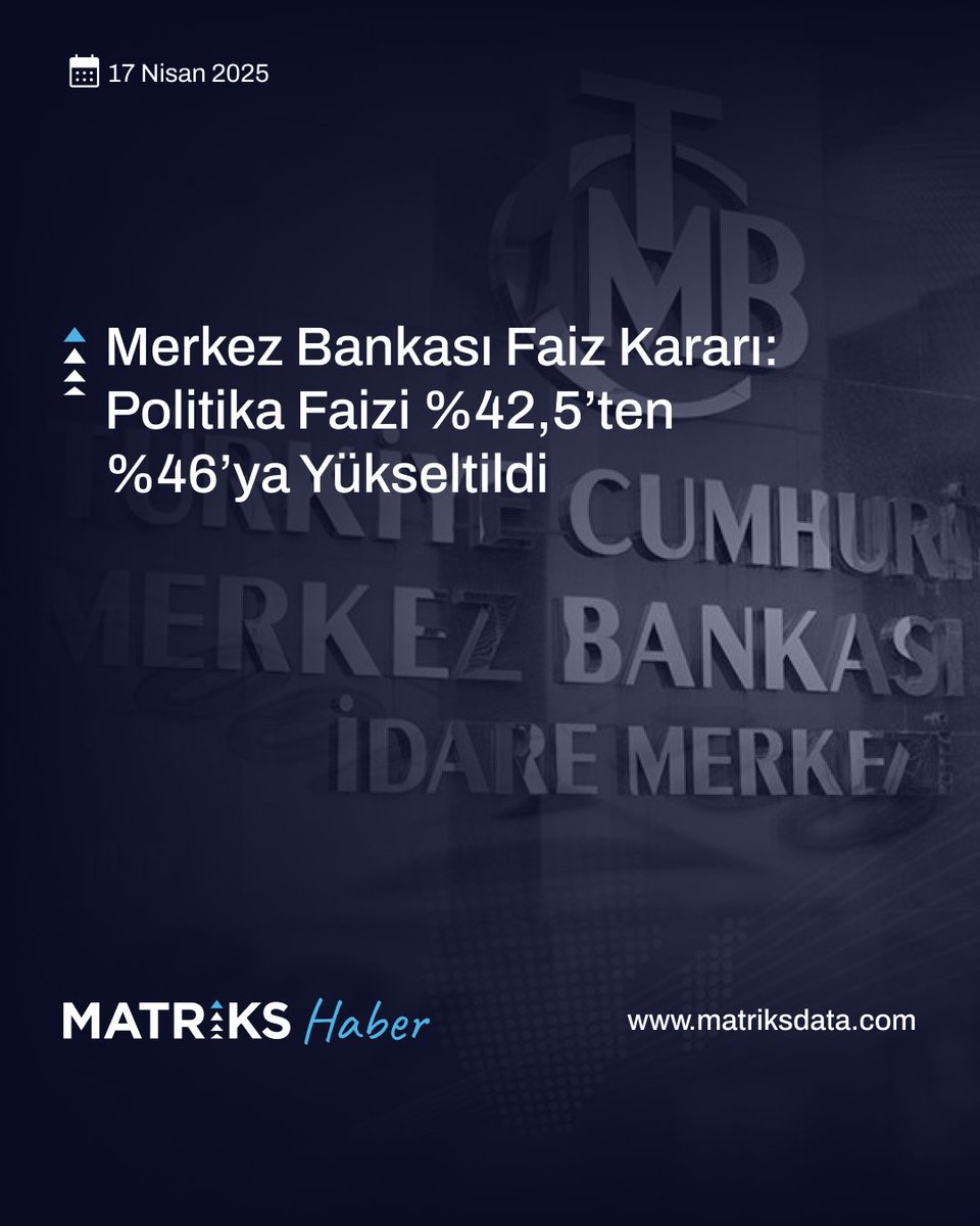 Merkez Bankası Faiz Kararı: 
-Para Politikası Kurulu (Kurul), politika faizi olan bir hafta vadeli repo ihale faiz oranının yüzde 42,5’ten yüzde 46’ya yükseltilmesine karar vermiştir.