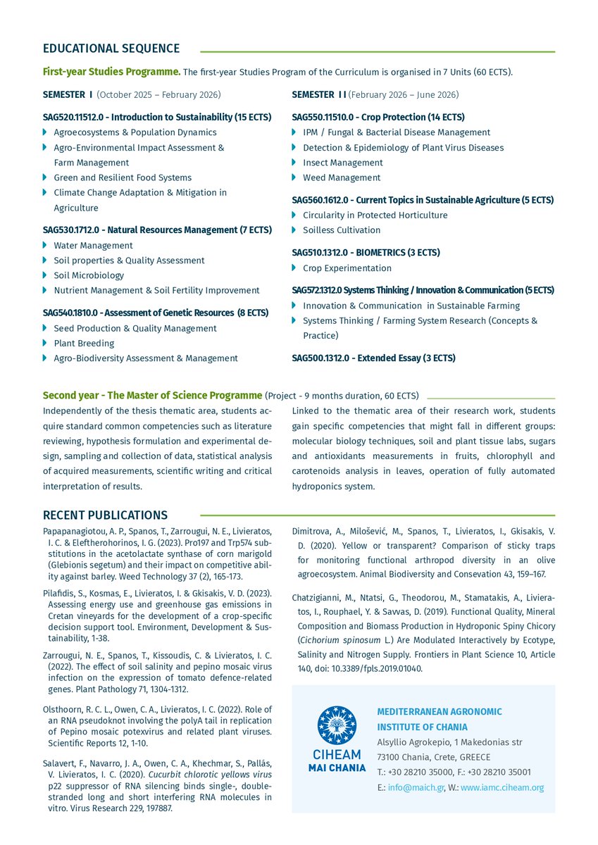 🎓 Join the MS in Sustainable Agriculture. 
🌿Agroecology and integrated crop management
🌏Environmental indicators for sustainable farming
🌱Organic farming systems and certification
💧Management of soil, water, and genetic resources
Apply NOW apply.maich.gr