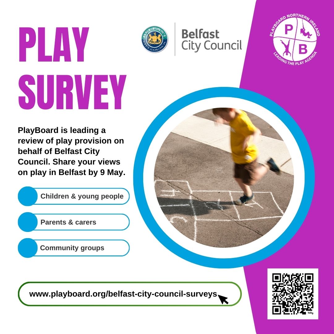 PlayBoard NI (@playboard_) on Twitter photo 📢 Share your views on #play in <a href="/belfastcc/">Belfast City Council</a> area to help guide planning for play delivery.
👉 Children & young people: surveymonkey.com/r/CYPBelfast20…
👉 Parents & carers: surveymonkey.com/r/BCCParCar2025
👉 Community groups: surveymonkey.com/r/ComBel2025
Survey closes 9 May. Please share! 📢 Share your views on #play in <a href="/belfastcc/">Belfast City Council</a> area to help guide planning for play delivery.
👉 Children & young people: surveymonkey.com/r/CYPBelfast20…
👉 Parents & carers: surveymonkey.com/r/BCCParCar2025
👉 Community groups: surveymonkey.com/r/ComBel2025
Survey closes 9 May. Please share!