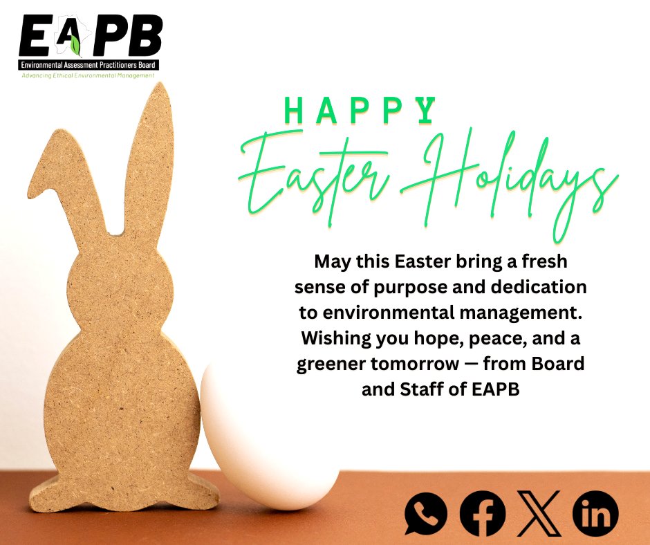 EAPB267's tweet photo. 📷📷 May this Easter bring a fresh sense of purpose and renewed dedication to caring for our environment.
Wishing you hope, peace, and a greener tomorrow — from the Board and Staff of EAPB. 📷📷Travel safely!! #advancingethicalenvironmentalmanagement
#EAPB #Easter2025 https://t.co/jEDmWpWHVZ