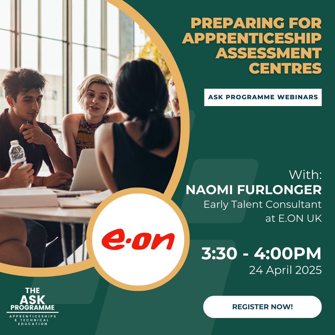 Join us on 24th April to find out how #apprenticeship assessment centres work, what employers are looking for &amp; their advice on how students can prepare.

We’ll be joined by @EonEnergyUK to get their insight &amp; helpful hints &amp; tips – don’t miss it!

tinyurl.com/yc25td4s