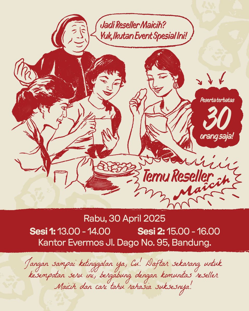 Emak lagi siapin acara spesial: Temu Reseller Maicih!

Buat Incu yang udah jadi reseller atau yang baru kepikiran pengen mulai side hustle ini waktunya ngobrol langsung bareng Emak!

Rabu, 30 April 2025
Sesi 1: 13.00 - 14.00 | Sesi 2: 15.00 - 16.00
Tempat: Kantor Evermos, Jl.