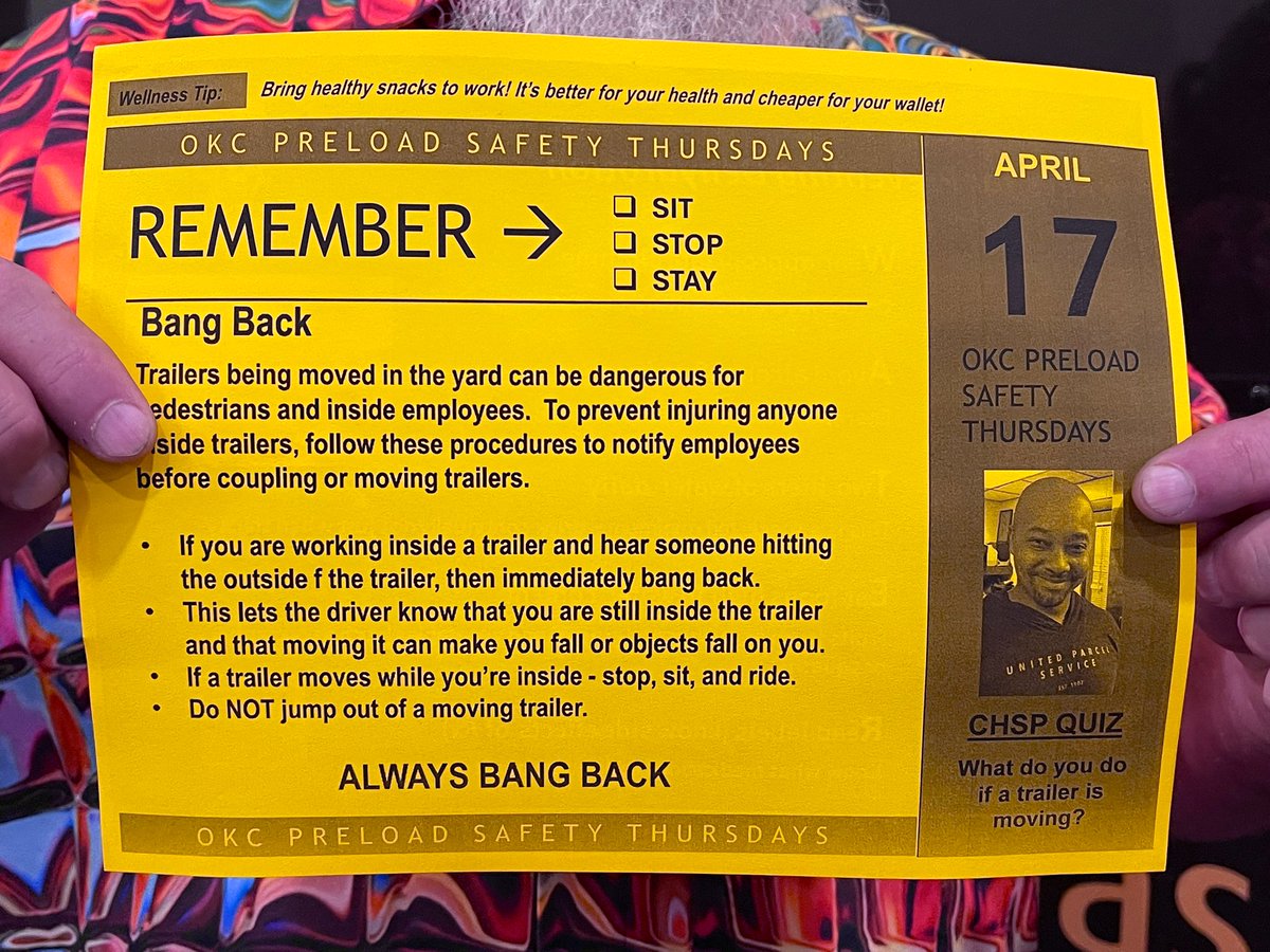 okc_preload's tweet photo. #OKC #Prelaod It’s #SafetyThursday #PCM Trailer safety Shifters are to EYE check & bang on the trailer before they move #BANGBACK so they know remember 3 S’s
✋STOP
✋SIT
✋STAY
Never jump out of a trailer & wait for your supervisor #UPS #LetsGetIt https://t.co/D9Lle0eDPz