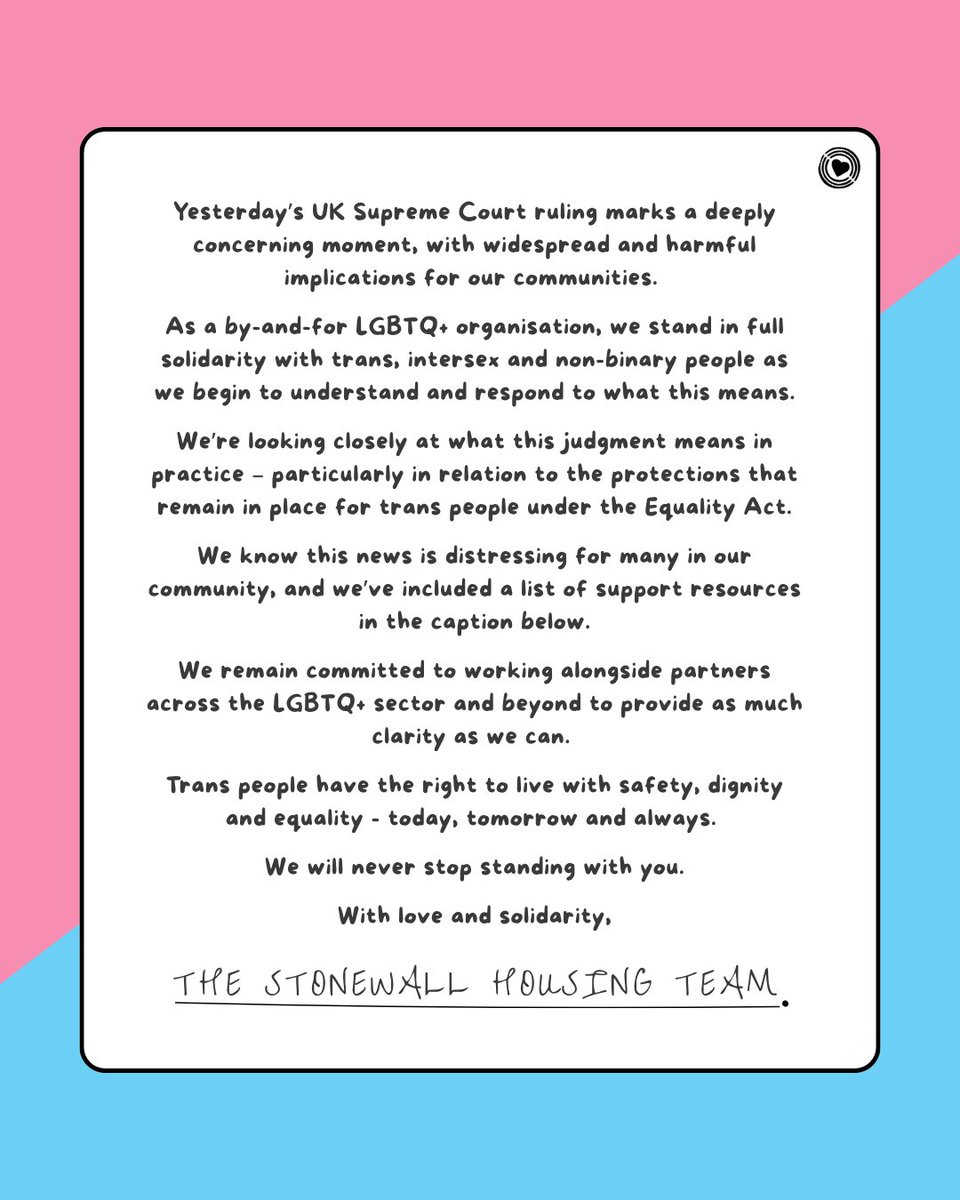 Stonewall Housing (@stonewallhousin) on Twitter photo With love and solidarity,
The Stonewall Housing Team
Youโre not alone โ there are people here to listen and support you:
Gendered Intelligence
0800 640 8046
supportline@genderedintelligence.co.uk
Switchboard
0800 011 9100
hello@switchboard.lgbt
switchboard.lgbt With love and solidarity,
The Stonewall Housing Team
Youโre not alone โ there are people here to listen and support you:
Gendered Intelligence
0800 640 8046
supportline@genderedintelligence.co.uk
Switchboard
0800 011 9100
hello@switchboard.lgbt
switchboard.lgbt