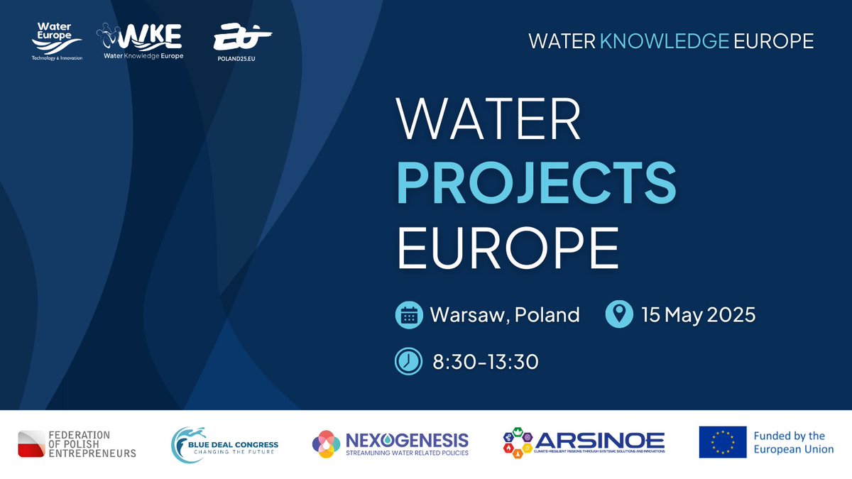 Water Europe (@h20eu) on Twitter photo 🙌Get ready for our #WaterProjectsEurope event in Warsaw (back-to-back #WKE Blue Deal)!
Explore <a href="/NEXOGENESIS_eu/">NEXOGENESIS 🇪🇺</a> & <a href="/ARSINOE_EU/">ARSINOE_EU</a> tools for policy impact, innovation & adaptation. Key insights for the EU #WaterResilienceStrategy!
🗓️15 May I 9-13:30
INFO: watereurope.eu/event/water-pr… 🙌Get ready for our #WaterProjectsEurope event in Warsaw (back-to-back #WKE Blue Deal)!
Explore <a href="/NEXOGENESIS_eu/">NEXOGENESIS 🇪🇺</a> & <a href="/ARSINOE_EU/">ARSINOE_EU</a> tools for policy impact, innovation & adaptation. Key insights for the EU #WaterResilienceStrategy!
🗓️15 May I 9-13:30
INFO: watereurope.eu/event/water-pr…