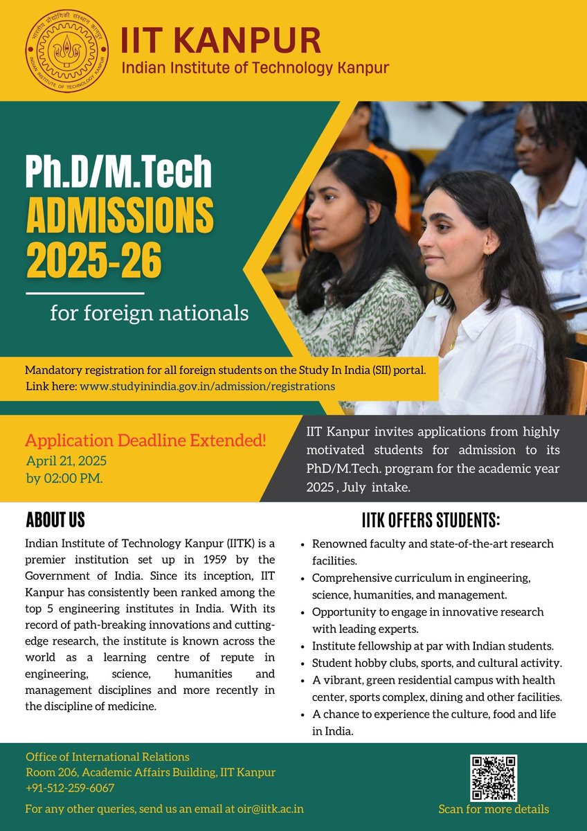 🚨 Deadline Extended! 🚨

Great news for aspiring researchers and engineers! 🎓🛠️
Indian Institute of Technology Kanpur has #extended the Ph.D. &amp; MTech admissions #deadline till 21st April 2025! ⏳[1/N]