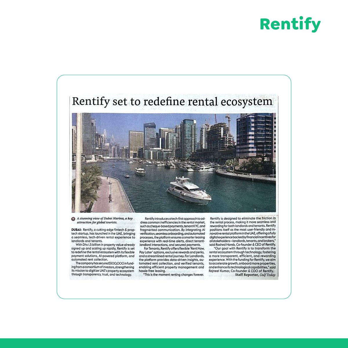 GoRentify's tweet photo. Rentify featured in @gulftoday: Redefining the UAE’s rental experience.

#Rentify #PropTech #FinTech #UAERealEstate #RentalInnovation #TechDrivenRenting #DubaiStartups #PropertyTech https://t.co/XGf98D0xkl
