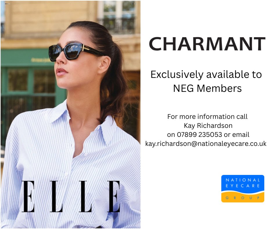With the sun out and summer  just around the corner, are you looking for classic design sunglasses to offer your patients? The Charmant have something for you with their Elle and Esprit ranges, exclusively available to NEG members. To see the range call Kay on 07899235053
