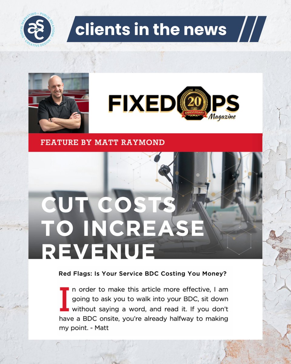 Congrats to our client, Matt Raymond, COO of Bowtie Solutions, for his feature in Fixed Ops Magazine! 🎉 He shares insights on red flags to watch for when your Service BDC isn't working for your dealership. bit.ly/4lM6Ya6

#ASCClientWins #ServiceBDC #DigitalMarketing