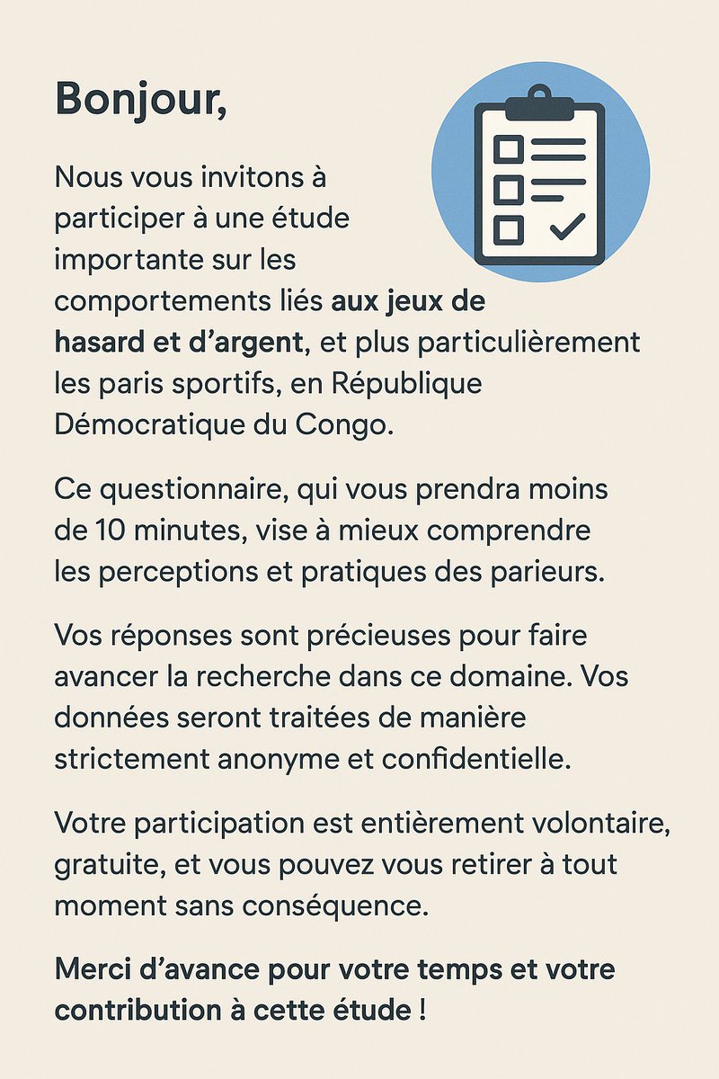 MerciLusala's tweet image. Bonjour!

Intéressé(e) par les paris sportifs en RDC ? 
Participez à notre enquête et partagez votre expérience ! 

Cliquez ici :
 ee.kobotoolbox.org/x/BGfano73

Merci de votre aide!
Aidez nous à atteindre un grand nombre en partageant le lien🙏🏾
@chauffeur243 @kakese_leon @central_sage