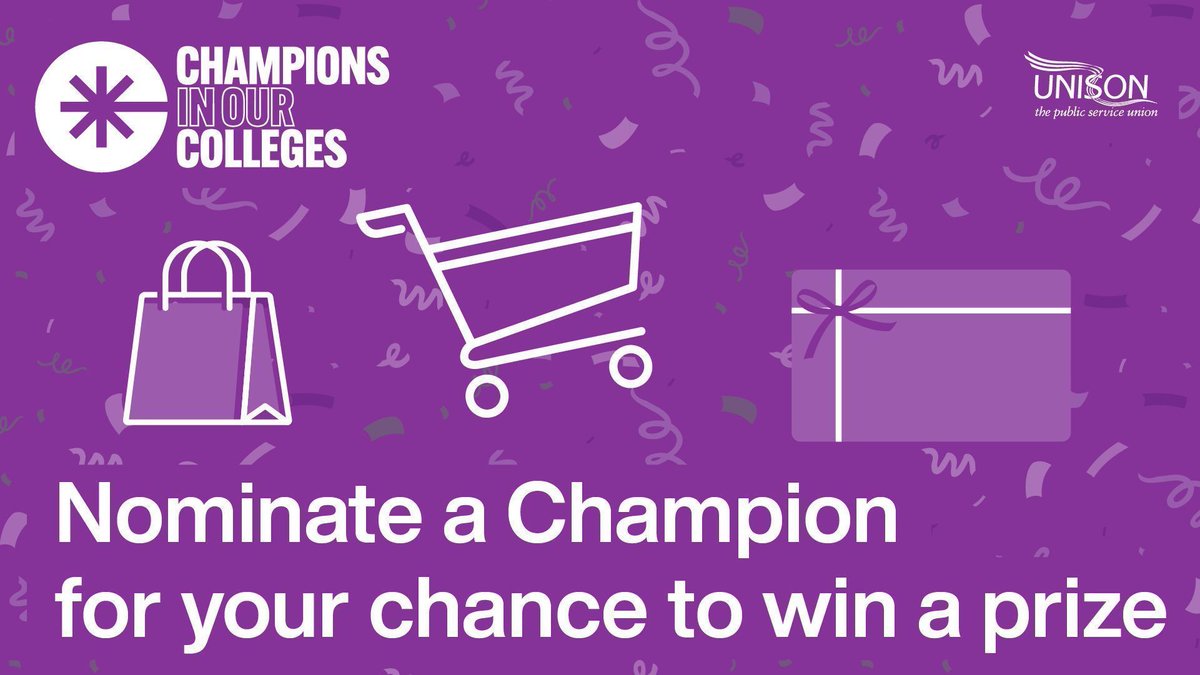 UNISON - UK's largest union (@unisontheunion) on Twitter photo There’s still time to take part in UNISON’s nominate a champion prize draw. This is your chance to recognise college support staff. You can also nominate more than one person or someone you have nominated in a previous year. Find out more 👉 unsn.uk/4c7Qx3u
<a href="/UNISON_FE/">UNISON in Further Education</a> There’s still time to take part in UNISON’s nominate a champion prize draw. This is your chance to recognise college support staff. You can also nominate more than one person or someone you have nominated in a previous year. Find out more 👉 unsn.uk/4c7Qx3u
<a href="/UNISON_FE/">UNISON in Further Education</a>