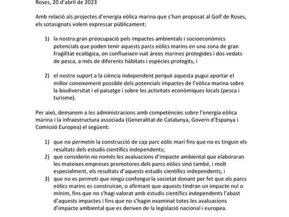 Ara fa 2 anys que +50 alcaldesses, alcaldes, regidores i regidors de diferents colors polítics, de municipis afectats per l'eòlica marina al Golf de Roses, varen signar un manifest mostrant preocupació pels impactes i recolzant la ciència independent, com la de <a href="/BIOPAIS_project/">BIOPAIS</a>