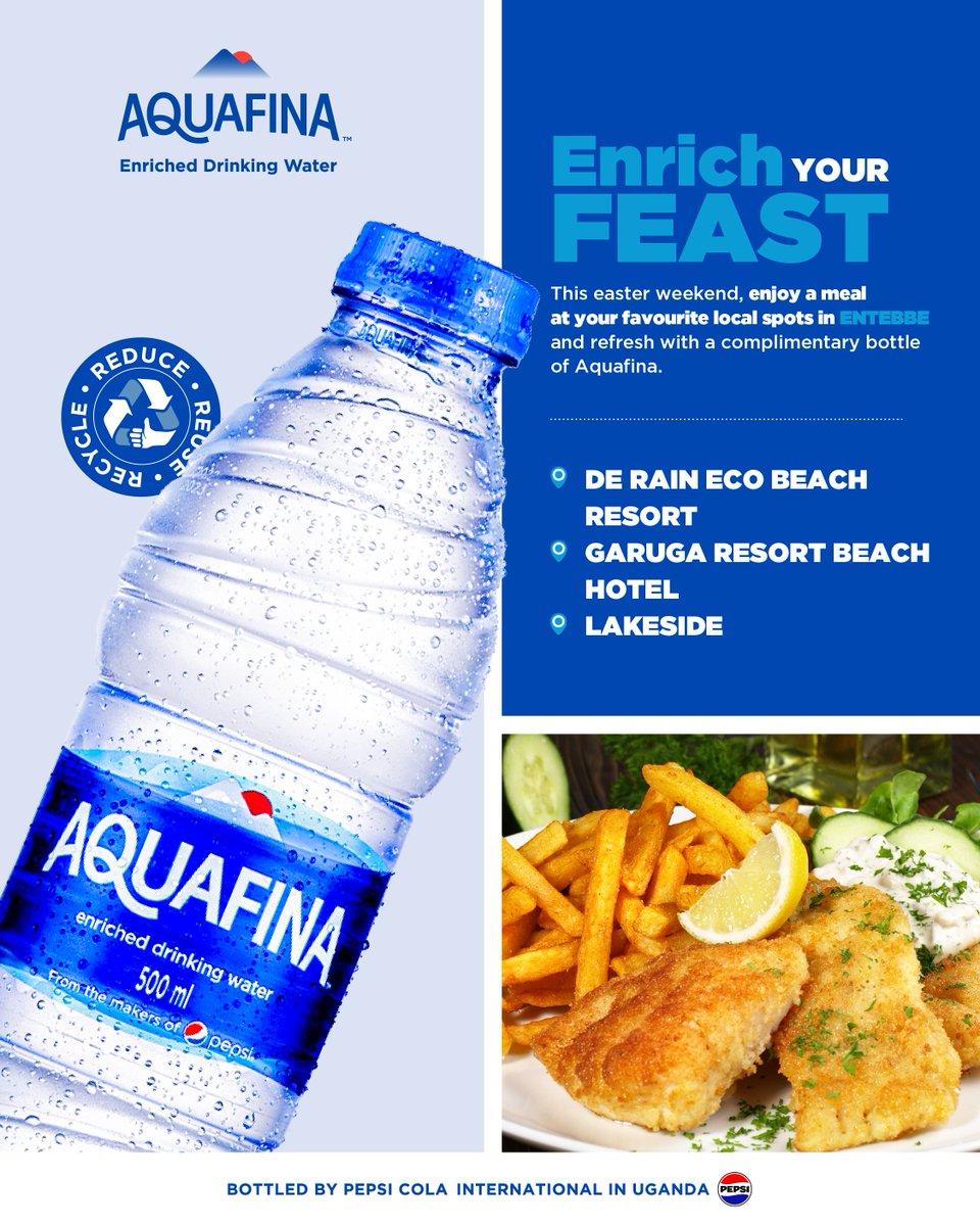 AquafinaUganda's tweet photo. This Easter weekend, enjoy a meal at your favorite spots in Entebbe and refresh with a complimentary bottle of Aquafina 💧
📍 Participating Restaurants:
🍽️ De Rain Eco Beach Resort
🍽️ Garuga Resort Beach Hotel
🍽️ Lakeside
#AquafinaBrunch #Easter #HydrateInStyle #BrunchWithUs https://t.co/7uBmNqKFfg