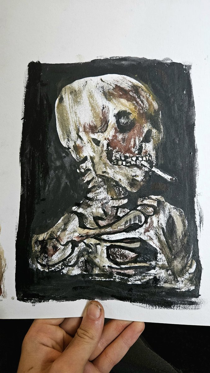 LeanderFreiber1's tweet photo. Kop van een skelet met brandende sigaret (original by van Gogh) https://t.co/ZYVIp028w3