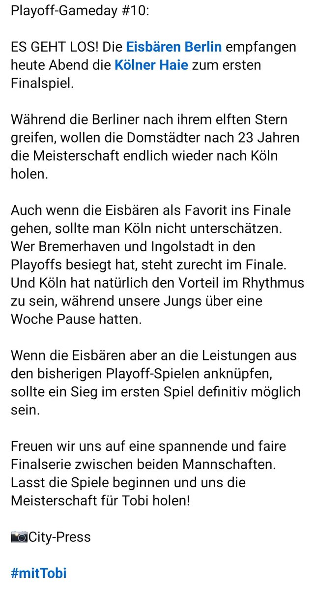Die <a href="/Eisbaeren_B/">Eisbären Berlin</a> empfangen heute Abend die <a href="/Koelner_Haie_72/">Kölner Haie</a> zum ersten Finalspiel. Wie gewohnt folgt am Morgen die kleine Vorschau auf das heutige Spiel 👇