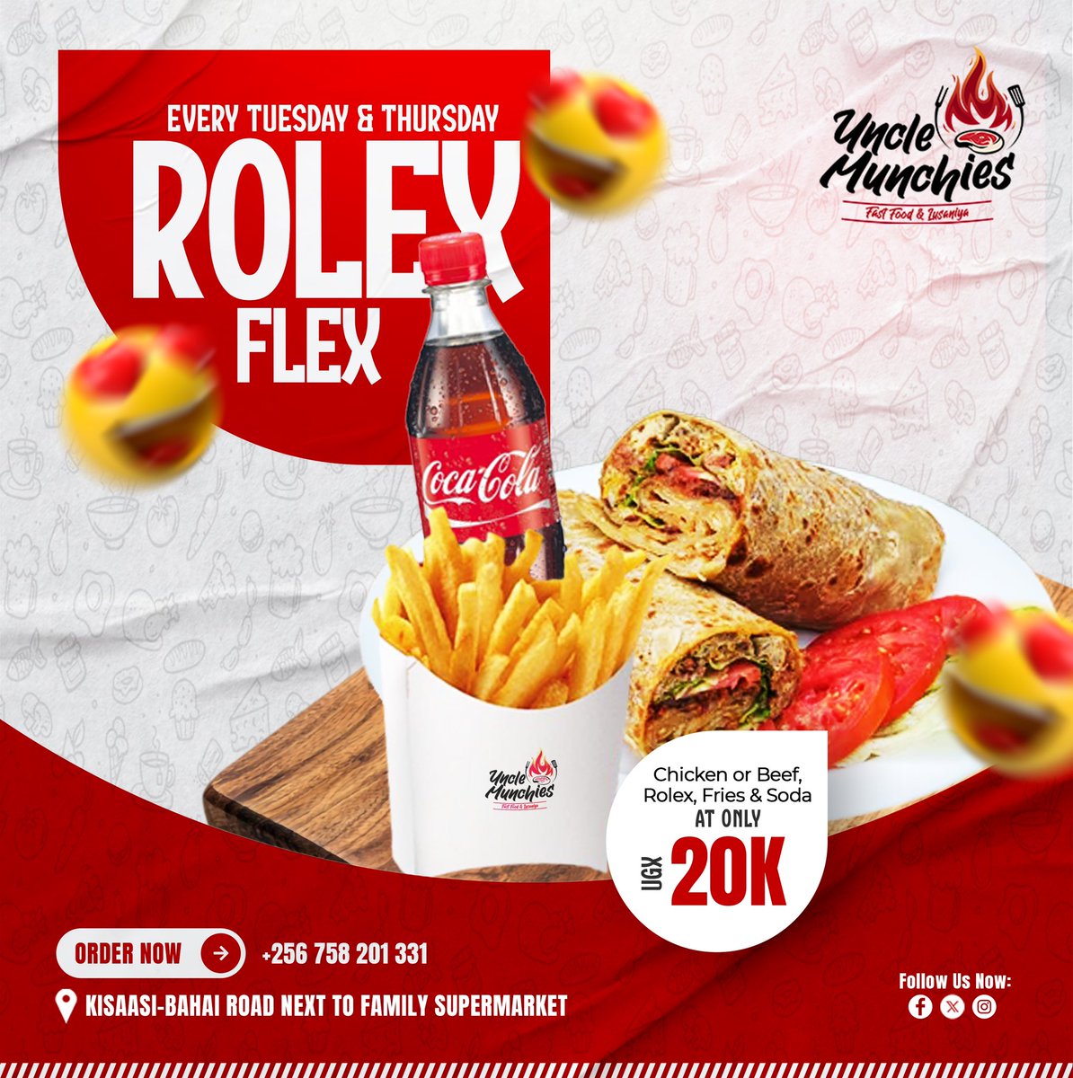 unclemunchiesug's tweet image. Rolex Flex on a Holy Thursday
Chicken/Beef Rolex + Fries + Soda at 20K.
For delivery: 0758201331
📍: Kisaasi-Bahai Road next to family supermarket.
NB: Offer available every Tuesday & Thursday😊😊