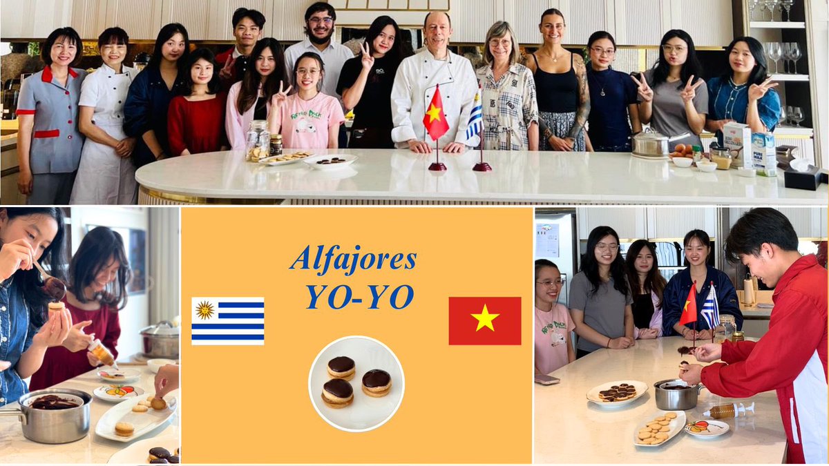 UruguayVN's tweet image. Disfrutamos una tarde de cocina uruguaya 🇺🇾 con docentes y alumnos de la cátedra de #Español de #HANU 🇻🇳 Les enseñamos el #ChivitoUruguayo, 🇺🇾 probamos el #Mate y hablamos español. Gracias chicos por compartir nuestras tradiciones y a @Karina004123051 por la organización…
