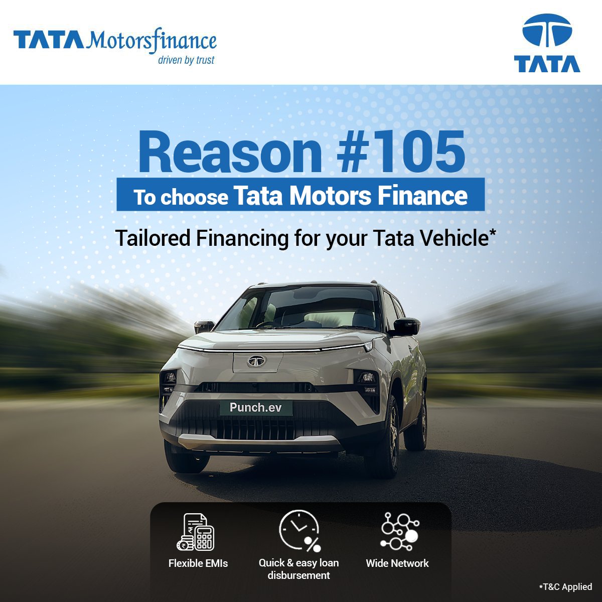 With flexible EMIs, quick disbursals, and a wide network — we make sure your journey begins with ease and confidence.
#DriveYoursDreams with Tata Motors Finance!

Apply Now - bit.ly/42zhb05

#TataMotorsFinance #DrivenByTrust #TailoredFinancing #FlexibleEMIs #LoanMadeEasy
