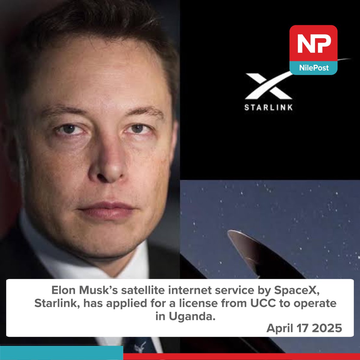 Elon Musk’s satellite internet service by SpaceX, Starlink, has applied for a license from the Uganda Communications Commission (UCC) to operate in Uganda.

#NilePostNews