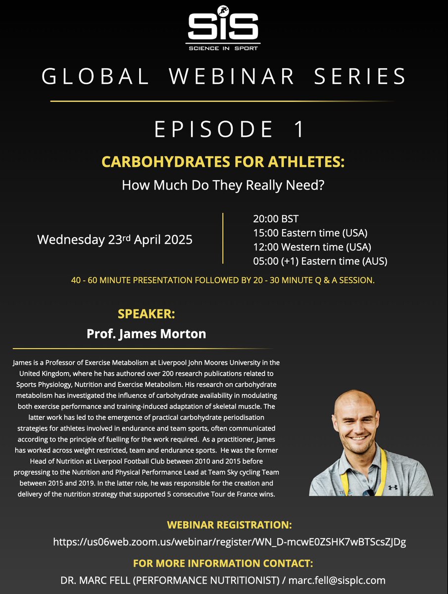 Marc Fell (@marcfell1) on Twitter photo Just under a week until we launch our exciting <a href="/ScienceinSport/">Science in Sport</a> Global Webinar Series!
Episode 1:
📆 Wednesday 23rd April
🎯 Carbohydrates for Athletes: How Much Do They Really Need?
🎙️ Prof. <a href="/JamesyMorton/">James Morton</a>
Register now: us06web.zoom.us/webinar/regist… Just under a week until we launch our exciting <a href="/ScienceinSport/">Science in Sport</a> Global Webinar Series!
Episode 1:
📆 Wednesday 23rd April
🎯 Carbohydrates for Athletes: How Much Do They Really Need?
🎙️ Prof. <a href="/JamesyMorton/">James Morton</a>
Register now: us06web.zoom.us/webinar/regist…