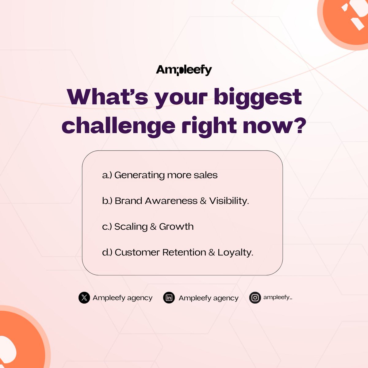 Ampleefy_'s tweet image. What’s been your biggest business challenge lately?

👉 Getting more sales
👉 Visibility &amp;amp; awareness
👉 Scaling &amp;amp; growth
👉 Customer retention

We’d genuinely love to know.
Reply with your answer — let’s see how we can help 💬

#BusinessGrowth #AmpleefyAgency #MarketingHelp