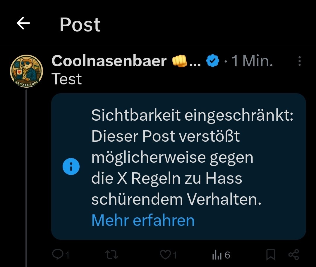 Guten Morgen,  Ihr wunderbaren Menschen. X schränkt alle Posts von Coolnasenbaer wegen Hass "schürenden Verhalten" automatisiert ein. Wirklich jeden Post den ich momentan absetze.