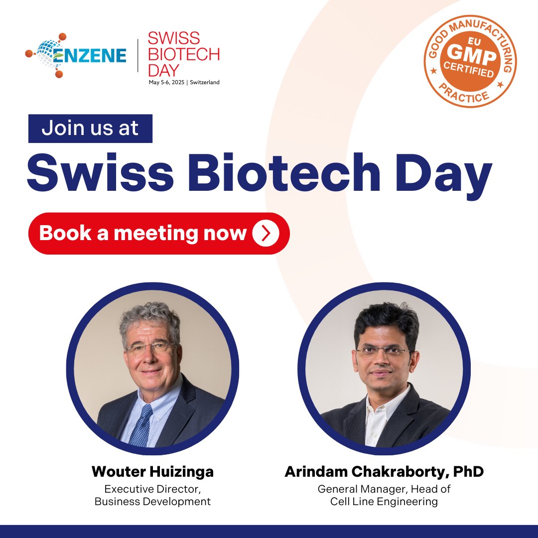 Enzene Biosciences Ltd. (@enzenebio) on Twitter photo We're gearing up for <a href="/SwissBiotech/">SwissBiotech</a> Day 2025—happening in just a few weeks on May 5–6 in Basel!
Meet our team at the event to discuss how #biotech companies can benefit from partnering with Enzene.
👉Book a meeting now enzene.com/events/swiss-b…
#cdmo We're gearing up for <a href="/SwissBiotech/">SwissBiotech</a> Day 2025—happening in just a few weeks on May 5–6 in Basel!
Meet our team at the event to discuss how #biotech companies can benefit from partnering with Enzene.
👉Book a meeting now enzene.com/events/swiss-b…
#cdmo