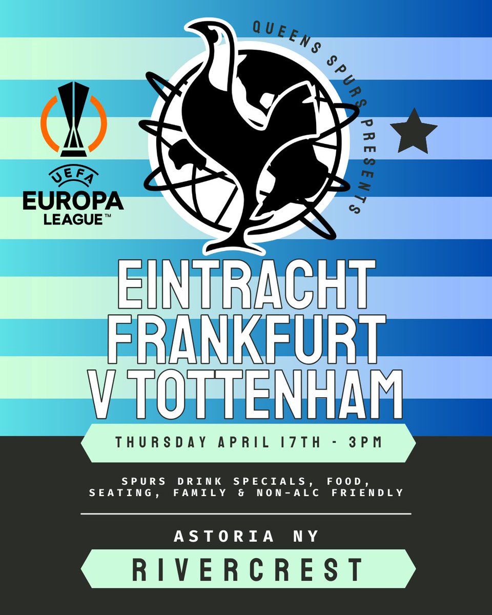 Pull up to Rivercrest for the Europa League Quarterfinal match on Thursday vs Eintracht Frankfurt! Kickoff is at 3pm and we'll have our Spurs drinks specials and Free WiFi if needed! #coys #tottenhamhotspur #thfc #spurs #europaleague #astoria #queens