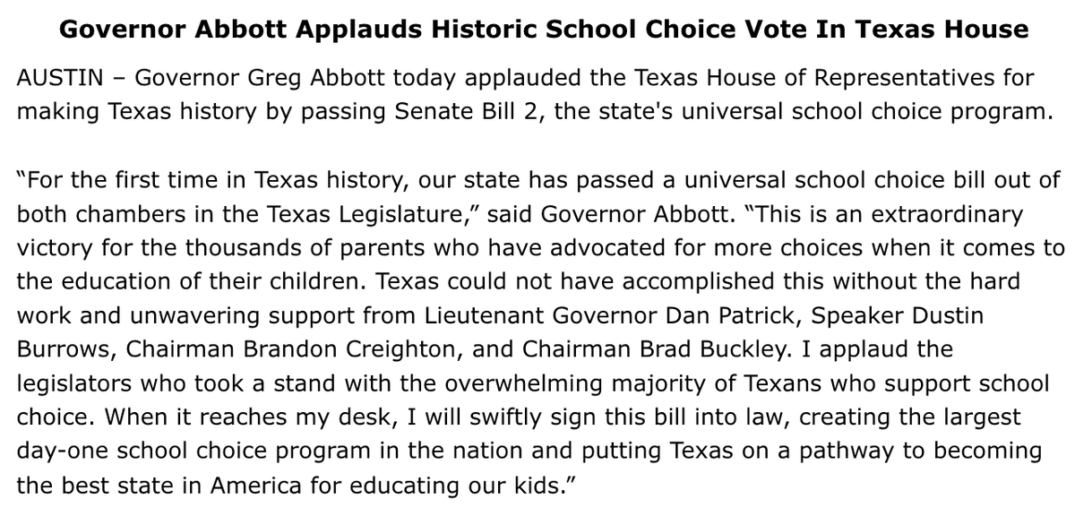 Greg Abbott (@gregabbott_tx) on Twitter photo For the first time in Texas history, our state has passed a universal school choice bill.
This is an extraordinary victory! For the first time in Texas history, our state has passed a universal school choice bill.
This is an extraordinary victory!