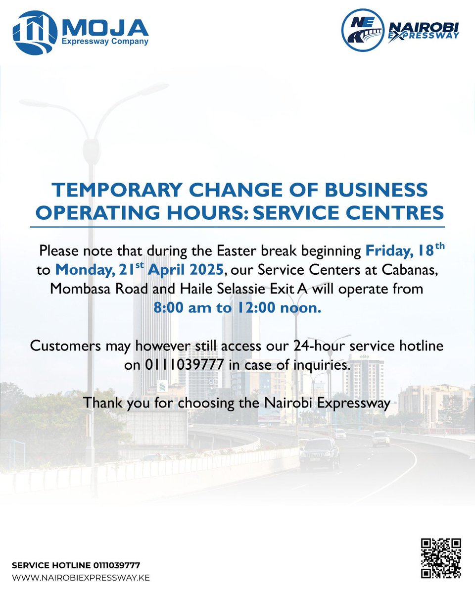 ‼️Please note our Service Center working hours will be temporarily adjusted during the Easter Holiday. 
For inquiries, our 24hr service hotline - 0111 039 777- will be available. 
Happy Easter!😃

#MOJAExpressway #NairobiExpressway #Comfort #Convenience #Connectivity #Easter2025