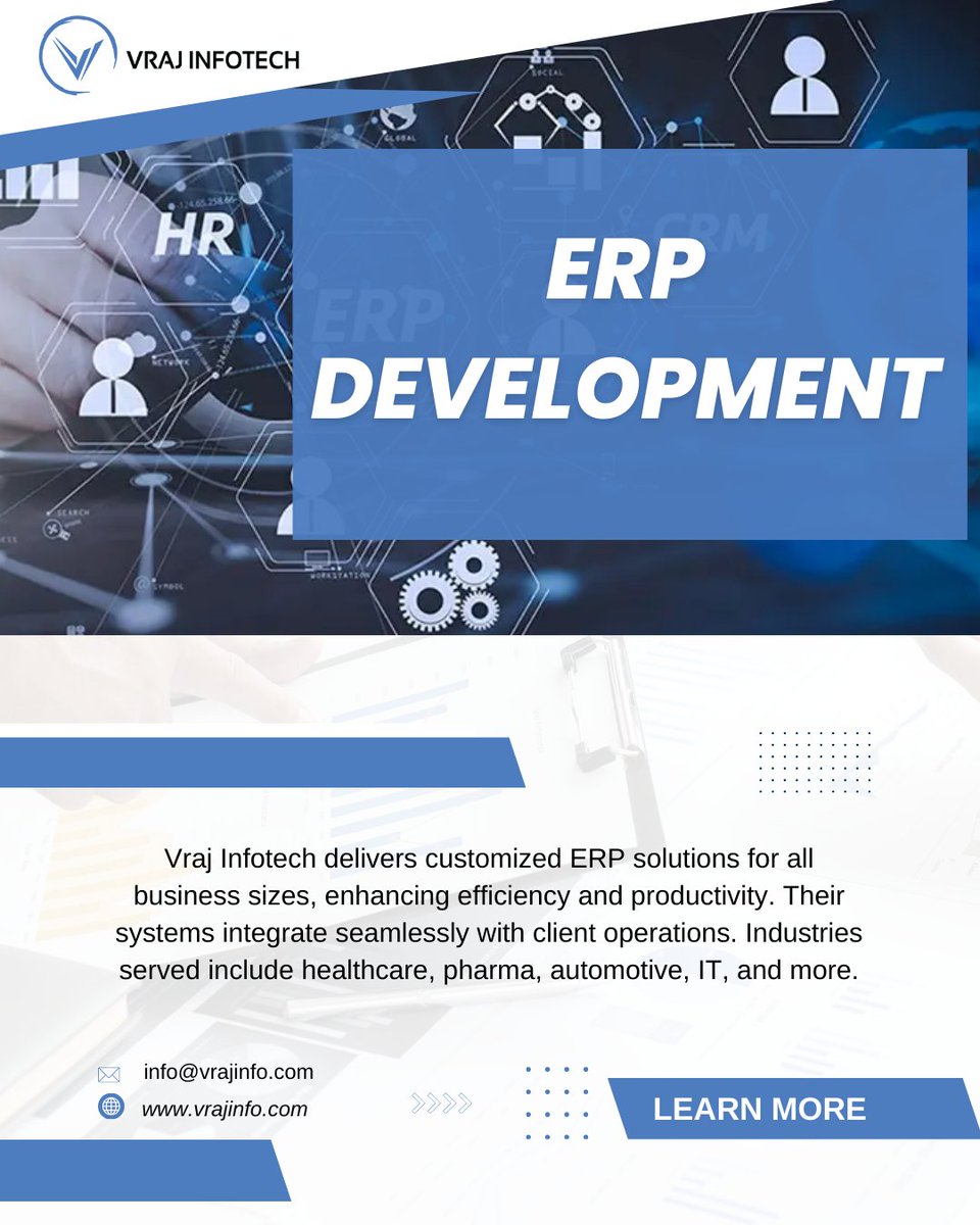 🔧Streamline. Automate. Grow.
 Vraj Infotech delivers scalable ERP solutions tailored for every industry — from healthcare to IT.
Enhance efficiency, boost productivity, and unify operations with seamless ERP integration.
 🌐 vrajinfo.com
 #ERPDevelopment #VrajInfotech