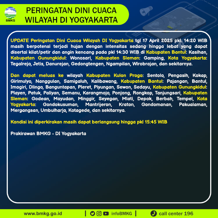 Update Peringatan Dini Cuaca Wilayah - DI Yogyakarta Tgl. 17 April 2025 pkl. 14:30 WIB
Prakirawan - BMKG - DI Yogyakarta
nowcasting.bmkg.go.id/nowcast?kodwil…