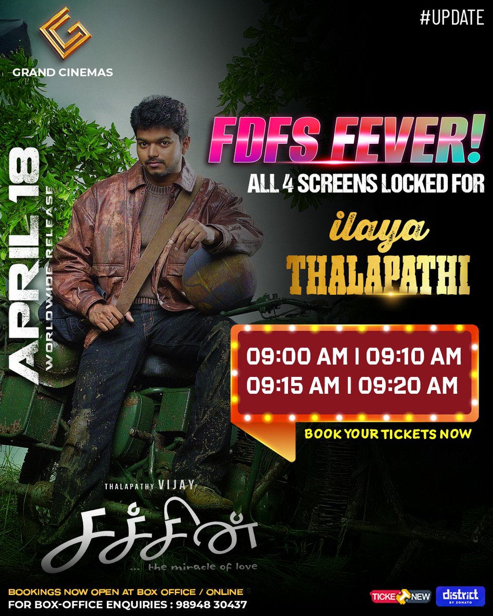 cinemas_grand's tweet photo. Thalapathy Thandavam.
All 4 screens opened for FDFS.
Ticket price Rs.110.
Grab your Tickets.
Boxoffice/#districtbyZOMATO /#TicketNew
#GrandCinemasHosur
#Sachein #SacheinRerelease #SacheinFromApril18 #SacheinMovie #SacheinTrailer #SacheinFDFS #ThalapathyVijay https://t.co/ExC60sdDUn