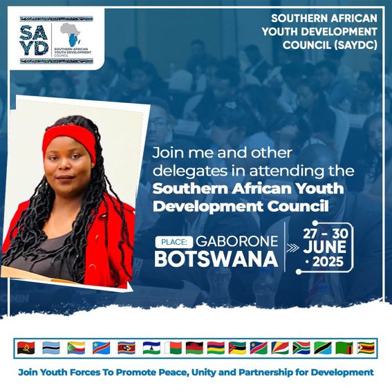 ‼️ Join me and other delegates in attending the third session of the Southern African Youth Development Council (SAYDC)!
🇿🇼🇿🇲🇹🇿🇿🇦🇲🇺🇳🇦🇲🇿🇱🇸🇨🇩🇸🇿🇸🇨🇲🇬🇰🇲🇲🇼🇦🇴🇧🇼
Join Youth Forces to Promote Peace, Unity and Partnership for Development.

#IYC  #SAYDc #Travel #Networking #Diplomacy