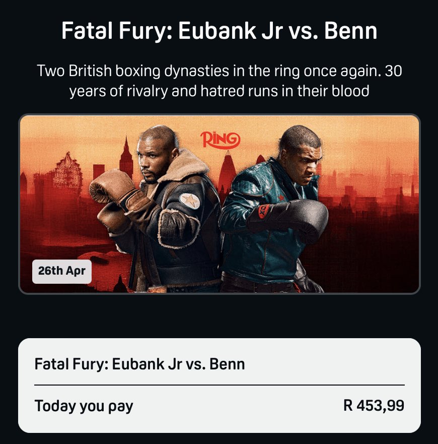 James C Heron (@jamesheron_c) on Twitter photo I know that it’s an historic fight, with a great card, but <a href="/DAZNBoxing/">DAZN Boxing</a> & <a href="/Turki_alalshikh/">TURKI ALALSHIKH</a> this is ridiculous for a South African. I know that it’s an historic fight, with a great card, but <a href="/DAZNBoxing/">DAZN Boxing</a> & <a href="/Turki_alalshikh/">TURKI ALALSHIKH</a> this is ridiculous for a South African.
