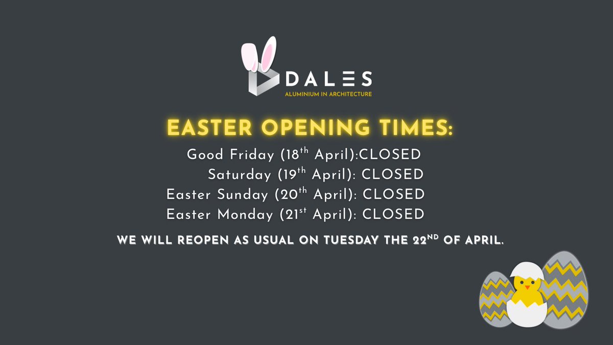 🐣 

Please note, Dales will be closed from Friday the 18th of April to Monday the 21st of April for the Easter Bank Holiday. 

We will reopen with our usual hours on Tuesday the 22nd of April. 

Wishing everyone a relaxing and egg-stra special (sorry...) long weekend! 🐰 🪺