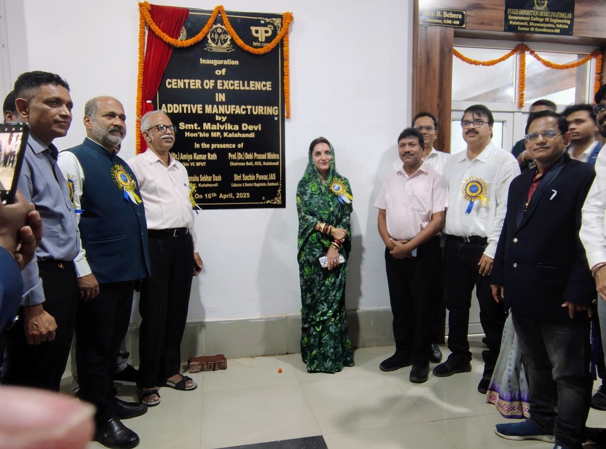GCEKalahandi's tweet photo. On April 16, 2025, Mrs. Malvika Devi, Hon. M.P. Kalahandi, inaugurated the Center of Excellence in Additive Manufacturing at GCE Kalahandi. Also present were Prof. (Dr) A. K. Rath, VC of BPUT Odisha, Prof. (Dr) D. P. Mishra, BoG Chairman, and Prof. (Dr) S. S. Dash, Principal. https://t.co/LTv8xx9pQn