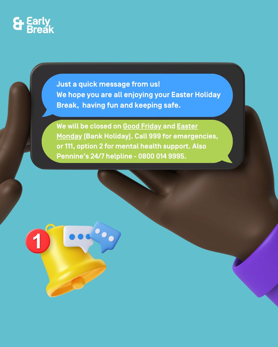 Early Break (@earlybreakuk) on Twitter photo Happy Easter Holidays! 
Whether you celebrate the holiday or simply enjoy the school break, we hope you are all having fun and staying safe. Whilst we may be closed, any referrals received via the link in our bio will be actioned on Tuesday 22nd April. Happy Easter Holidays! 
Whether you celebrate the holiday or simply enjoy the school break, we hope you are all having fun and staying safe. Whilst we may be closed, any referrals received via the link in our bio will be actioned on Tuesday 22nd April.
