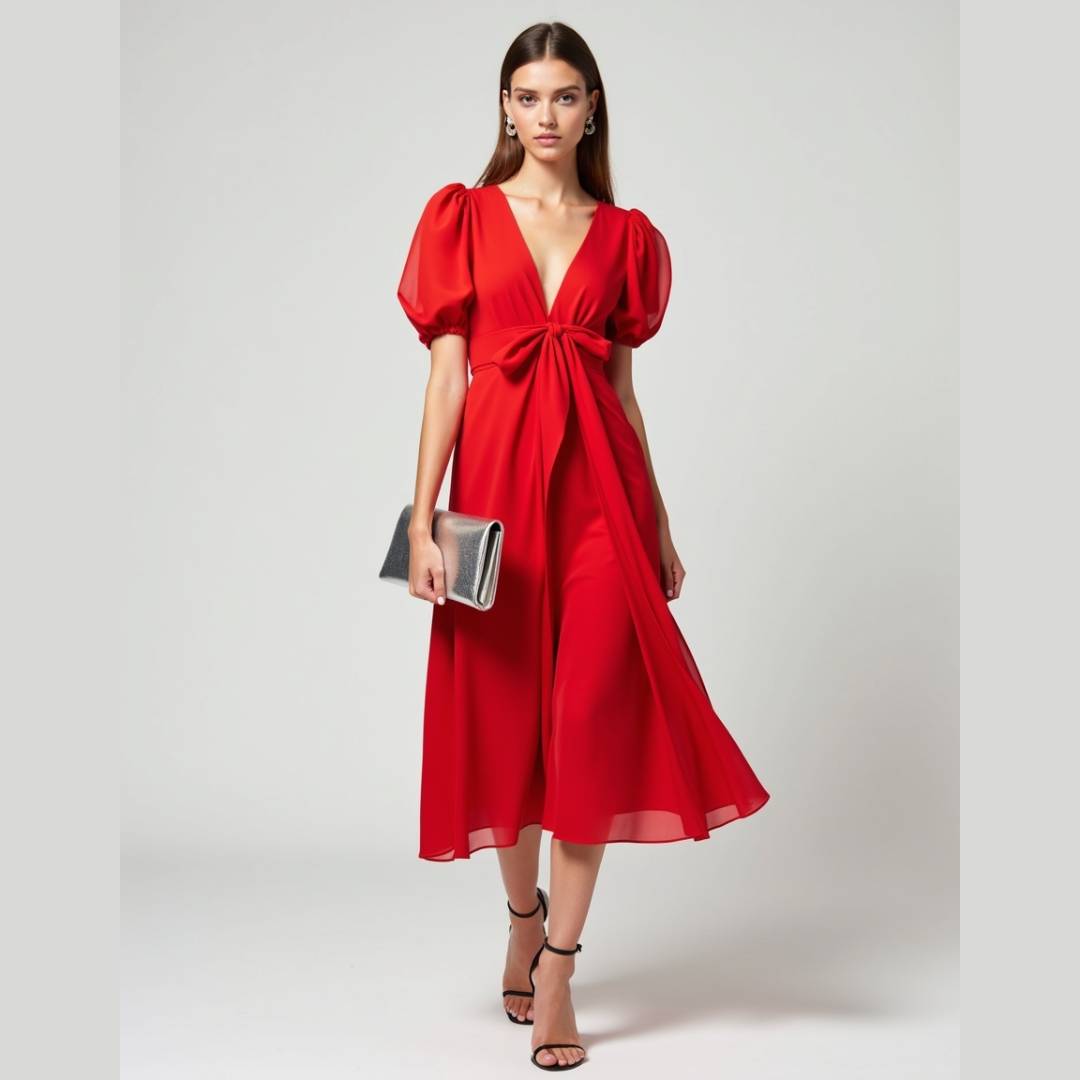 ✨Designing  the show-stopping Red Midi Dress! ✨ With its puff sleeves, bold deep V-neckline, and flowy silhouette, this dress oozes elegance. 💃 Whether it's for a romantic dinner or a festive celebration, it's guaranteed to turn heads! 
#BunnyCorset