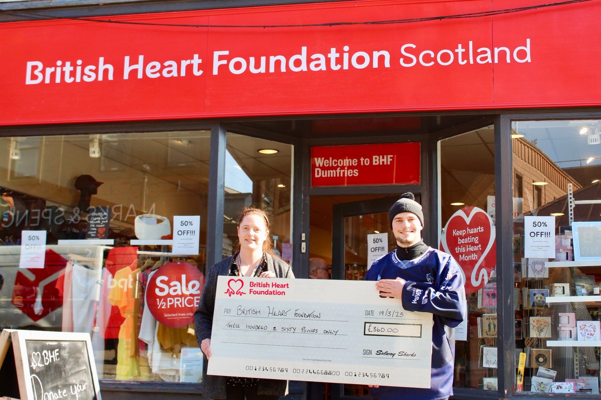 BRITISH HEART FOUNDATION DONATION! ❤️

Recently, our Captain Liam Stenton headed down to <a href="/TheBHF/">British Heart Foundation</a> Dumfries to hand over a cheque for £360 after auctioning off his Valentine’s jersey! 🙌

We would like to thank everyone who contributed! 🤝

#FILLTHETANK