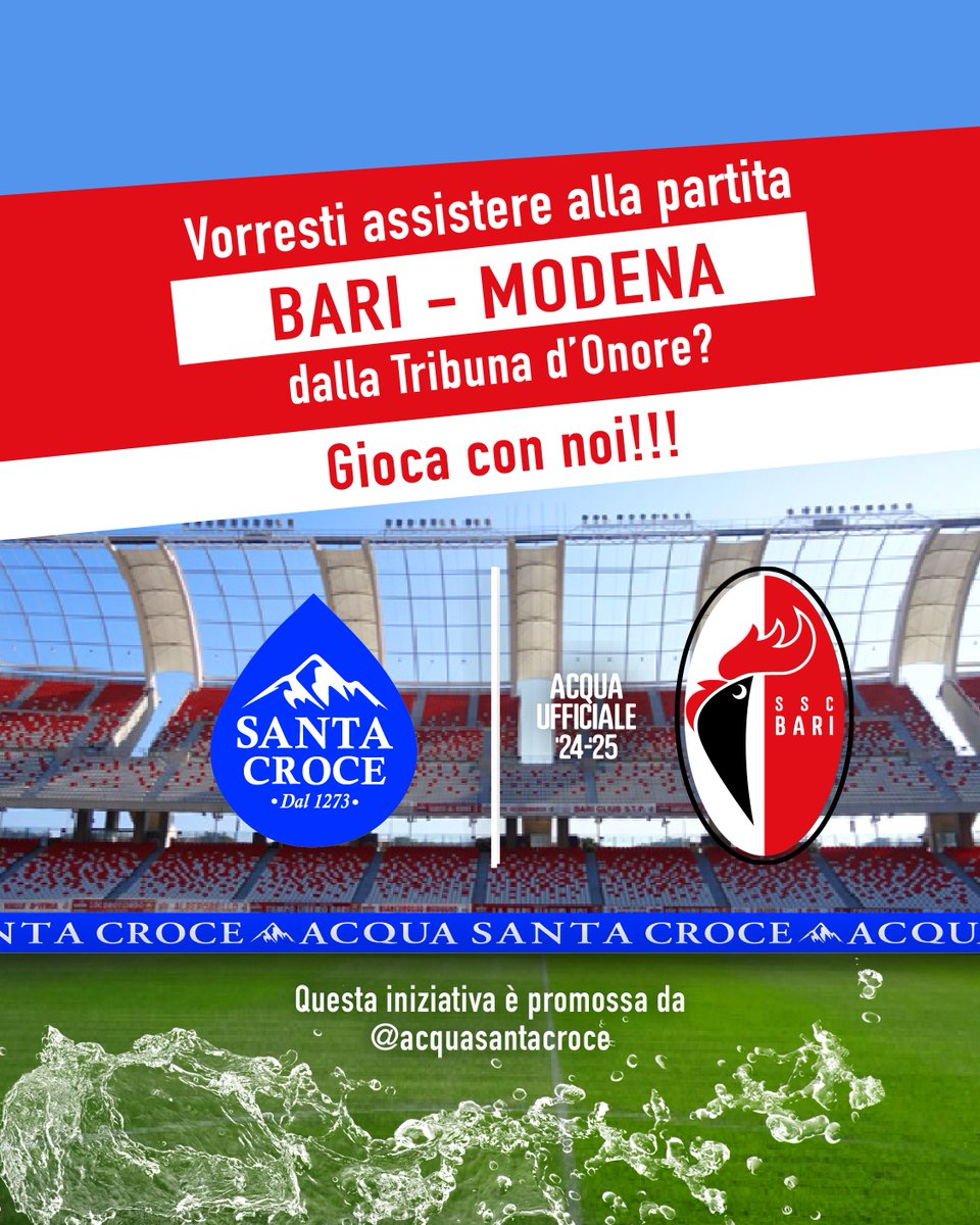 🎲Gioca con noi!!! Potresti essere tra i fortunati vincitori di 2 biglietti per la partita Bari - Modena!!! Per saperne di più 👉🏻instagram.com/acquasantacroce #SSCBari #acquasantacroce #StadioSanNicola #serieBKT